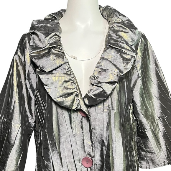 Damee Inc Wide Collar Swing Jacket with Pockets Silver Platinum Size M Shimmer - Picture 3 of 7
